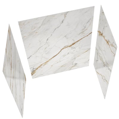 Three-piece Calacatta Luxor shower wall panels with white marble finish and gold-gray veining for accessible shower stalls
