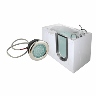 Ella walk-in tub with LED chromatherapy light kit accessory displayed beside white acrylic tub with open door