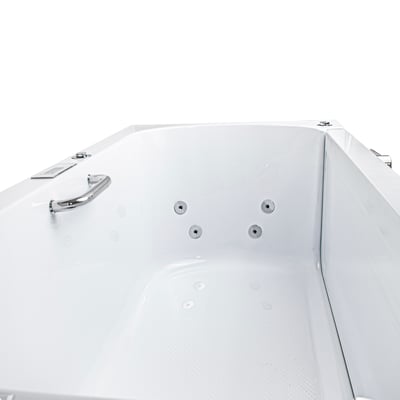 Interior view of Ella's Bubbles 32x60 homecare transfer walk-in tub showing anti-slip floor, jets, and chrome grab bar