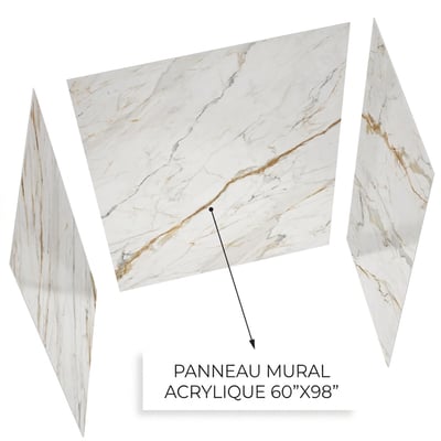 Habillage mural acrylique trois panneaux motif marbre Calacatta Luxor avec panneau central 152x249 cm identifié