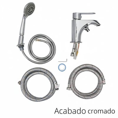Kit de grifo para bañera de puerta en acabado cromado con mango de ducha, mangueras trenzadas y grifo de llenado monomando