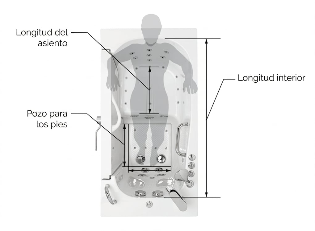 Diagrama superior del interior de la bañera con puerta Ella mostrando longitud del asiento, espacio para los pies y medidas de longitud interior con silueta humana