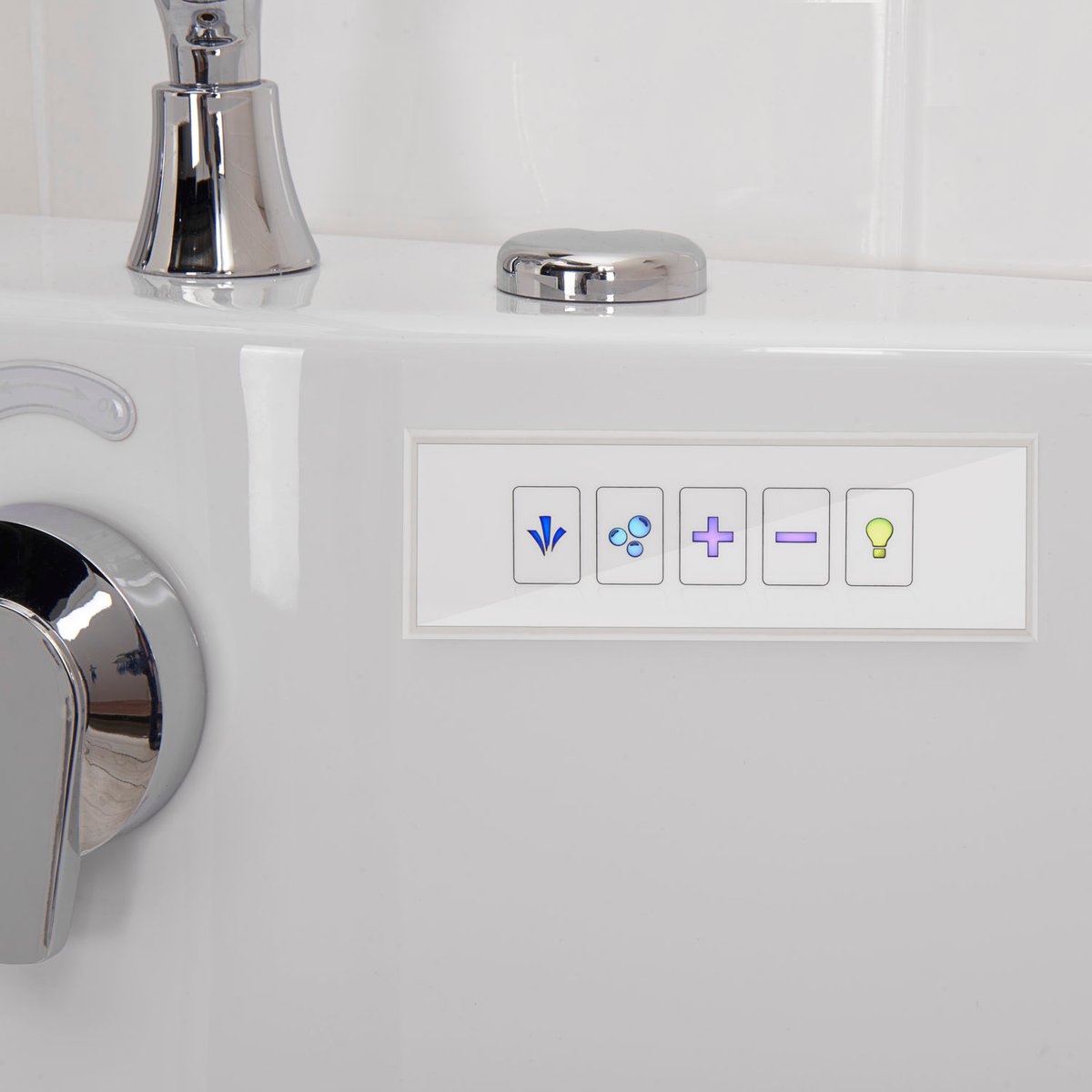 Close-up of the LED touch control panel on an Ella Tub4Two walk-in tub