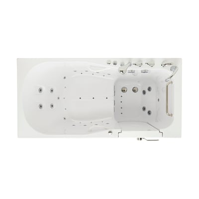 Overhead view of Ella walk-in tub with outward swing door showing hydro jets, air jets, grab bar, and contoured seat - 36x72 inch