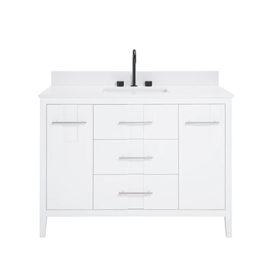 Meuble-lavabo de salle de bains moderne Florence sur pied avec plan en quartz blanc massif -