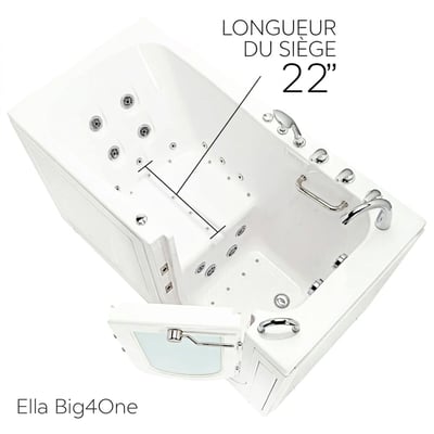 Vue intérieure de la baignoire à porte Ella Big4One mettant en évidence le siège de 56 cm avec jets hydro, barre d'appui et porte ouverte