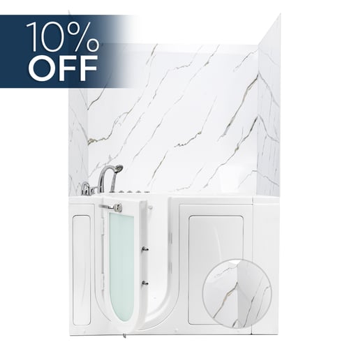 Ella walk-in tub with Calacatta Gold acrylic shower wall panels surround kit, shown with a 10 percent off offer