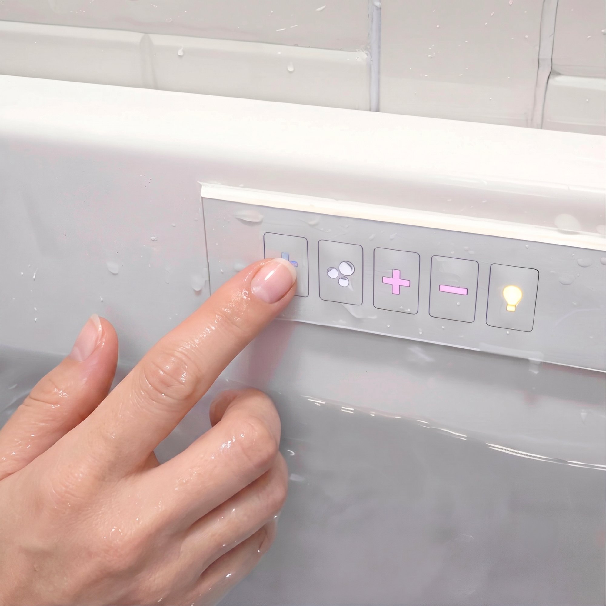 Finger pressing the Ella digital control pad on a walk-in tub deck with jet, light and heat buttons