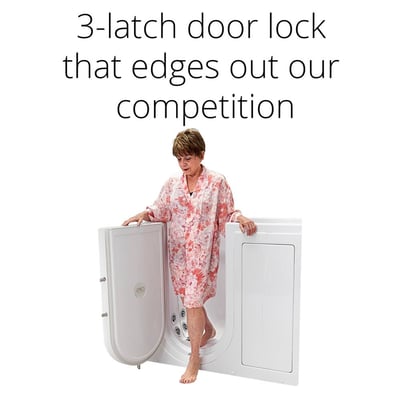Senior woman in a floral robe stepping out of an Ella Mobile walk-in tub with outward swing door and 3-latch lock system