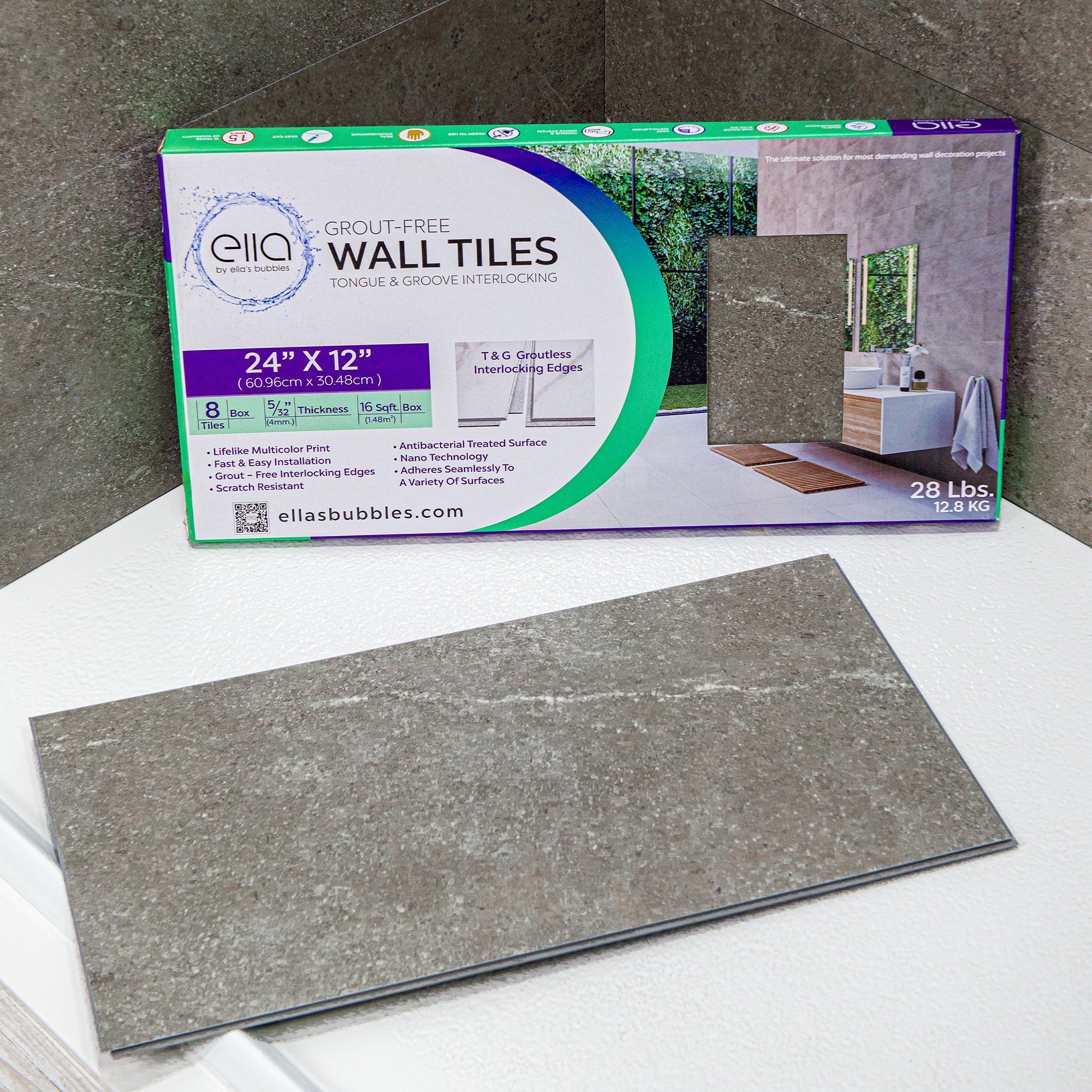 Ella's Bubbles grout-free interlocking wall tile in Corintia marble finish displayed beside product box showing 24x12 inch size
