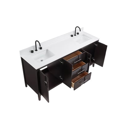 Meuble-lavabo de salle de bains moderne Florence sur pied avec plan en quartz blanc massif -