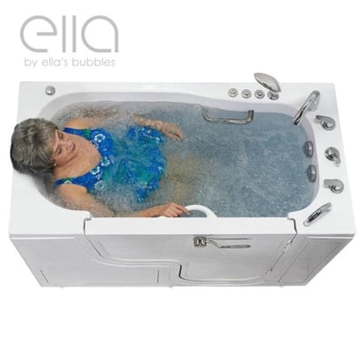 Senior woman relaxing with eyes closed in an Ella walk-in tub with active hydro massage jets and bubbling water
