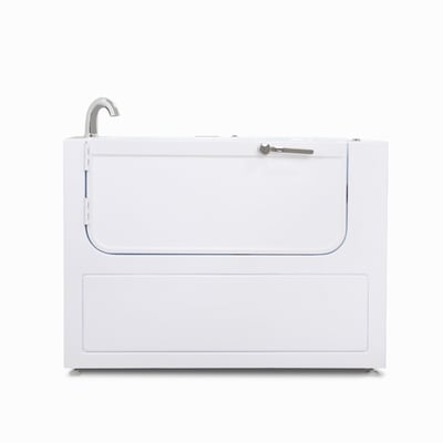 Front view of Ella's Bubbles 32x60 Homecare Transfer walk-in tub with side door, chrome faucet, and handle