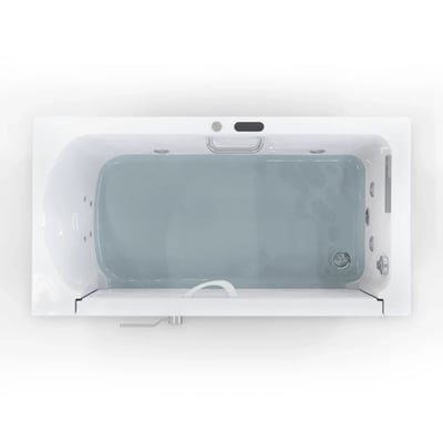 Overhead view of Ella HomeCare 32x60 walk-in tub interior with anti-slip floor, grab bars, and whirlpool jets