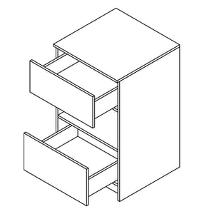 Diagrama en dibujo lineal del mueble de lavabo modular de pie Ella, con dos cajones extraíbles abiertos, mostrado en vista isométrica
