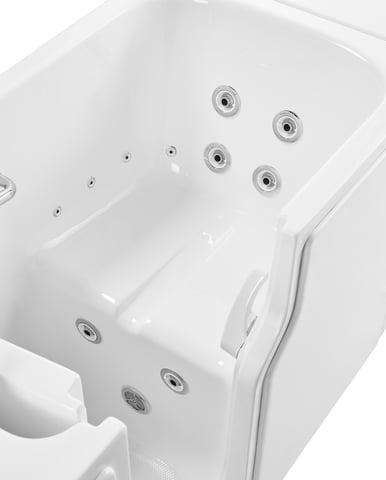 Interior view of the Ella Standard 3052 walk-in tub showing hydro therapy jets, built-in seat, and low-step entry door
