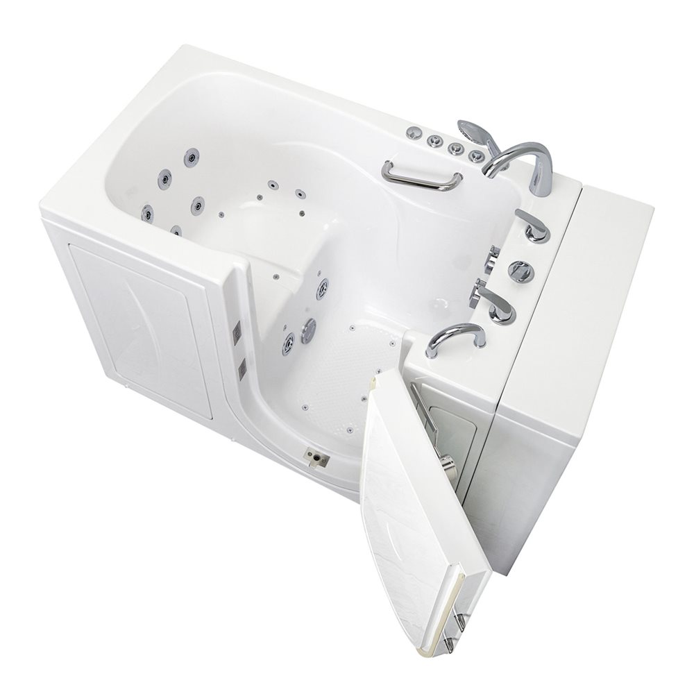 Ella Capri walk-in tub with outward swing door open and the chrome faucet set at the drain end