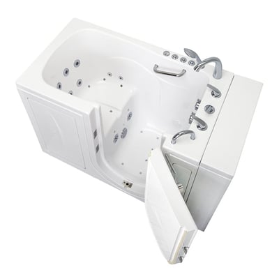 Ella Capri walk-in bathtub with outward swing door open, hydro jets, grab bar, and right-hand chrome faucet controls