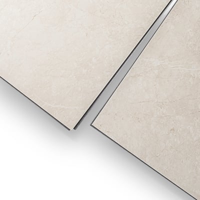 Close-up of two beige marble-look wall tiles with subtle veining showing grout-free interlocking edges for accessible shower walls