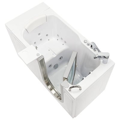 Vue de dessus de la baignoire à porte Ella Petite 28x52 montrant les jets hydromassants, le fond antidérapant, la robinetterie chromée et la porte à ouverture vers l’intérieur