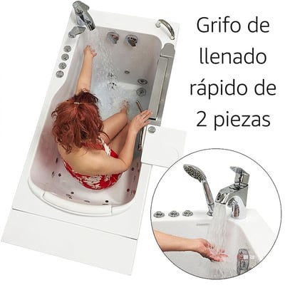 Mujer sentada en la bañera con puerta Ella Petite disfrutando de los chorros de hidroterapia con primer plano del grifo de llenado rápido de 2 piezas y la ducha de mano