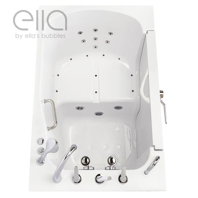 Overhead view of Ella's Bubbles Ola walk-in tub featuring air jets, hydro jets, anti-slip mat, grab bars, and chrome faucet set