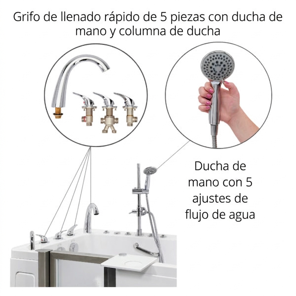 Conjunto de grifería de 5 piezas de llenado rápido con ducha de mano y columna de ducha para bañera con puerta Ella que muestra 5 configuraciones de flujo de agua