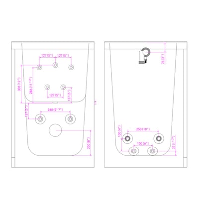 Technical CAD diagram showing jet and drain placement dimensions for the Ella S-Class 30x52 walk-in tub right-hand door configuration