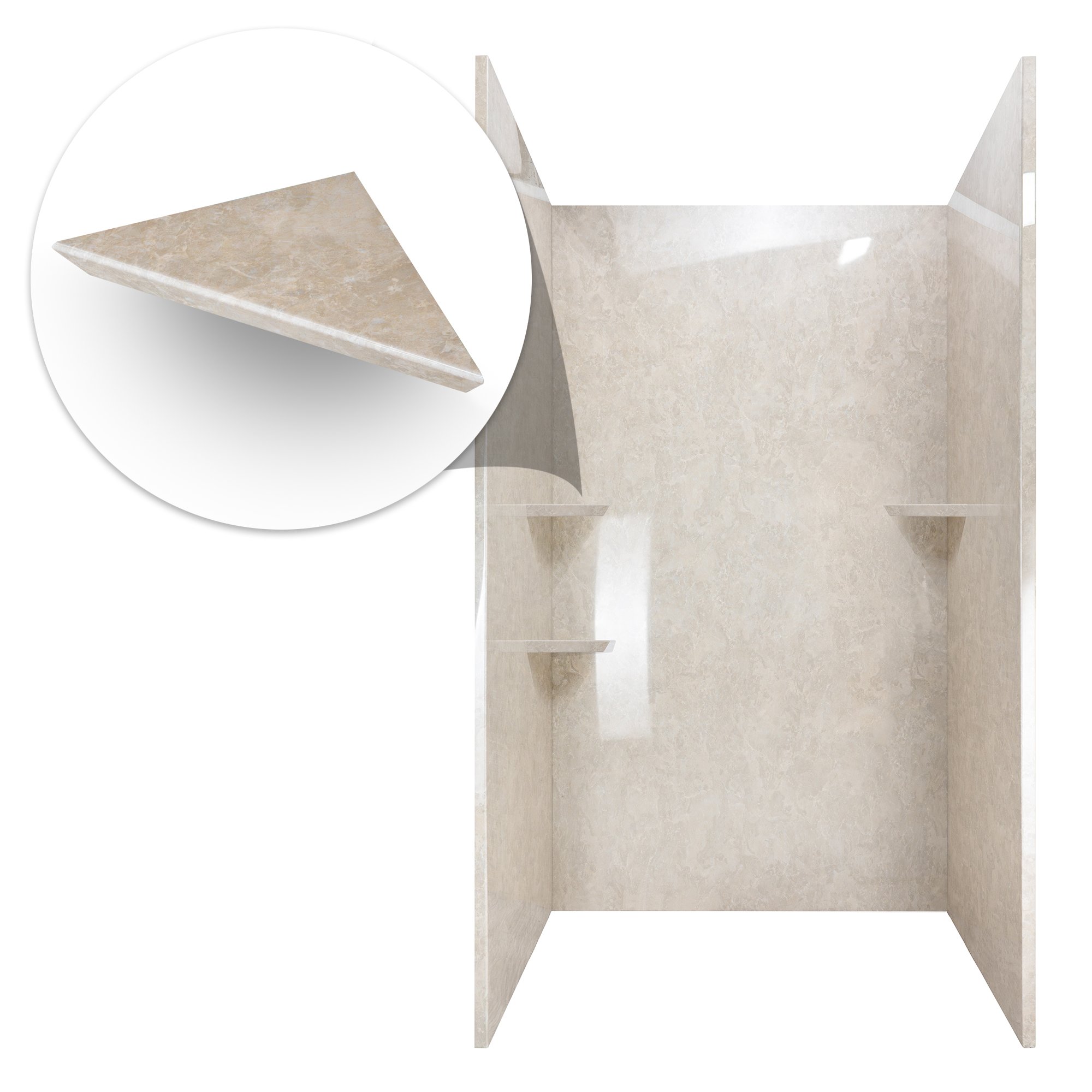 Ella sandstone acrylic shower wall panels with built-in corner shelves and close-up of beveled panel edge detail
