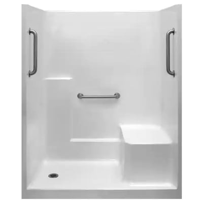 White Ella accessible shower stall with built-in seat, three stainless steel grab bars, and low-threshold entry drain