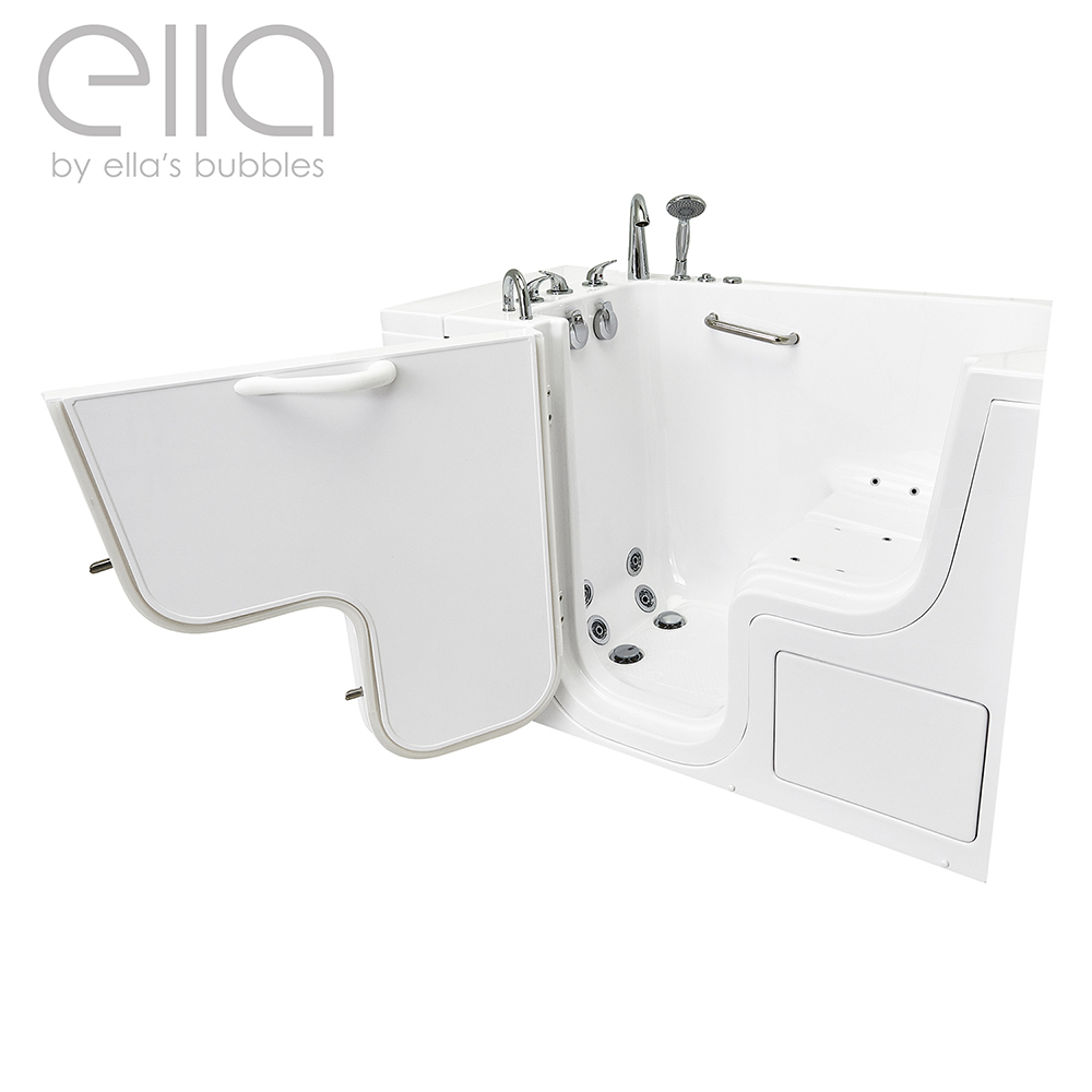Baignoire à porte Ella Transfer30 avec sa large porte en L à ouverture vers l'extérieur ouverte, montrant la poignée montée à l'avant et les barres d'appui