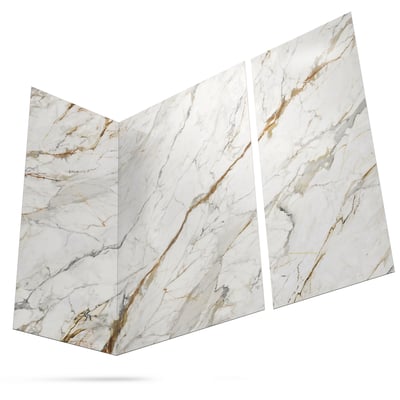 Three-panel shower wall surround kit in Calacatta Luxor Down marble-look finish with gold and gray veining