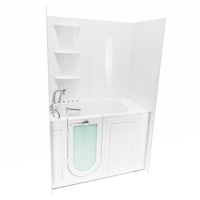 Baignoire à porte Ella avec kit d’habillage mural blanc uni brillant 6 panneaux, comprenant des étagères d’angle intégrées et une porte battante intérieure dépolie