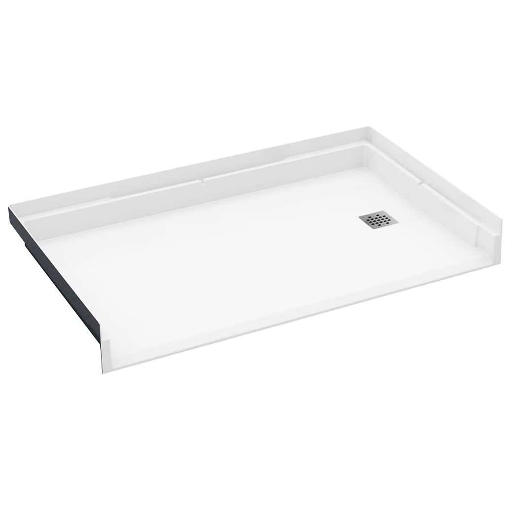 White Ella barrier-free roll-in shower base with a stainless steel drain cover and an open entry side for wheelchair access