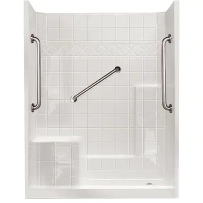 White Ella accessible shower stall with built-in bench seat, shelving, and stainless steel grab bars on tiled walls