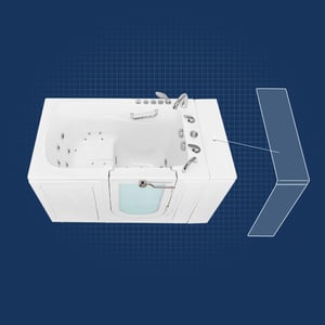Ella walk-in tub with hydro jets and chrome fixtures shown with an extension panel diagram on blue background
