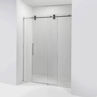 Frameless sliding shower door with 8mm chrome tempered glass panels and matte black barn-style roller hardware