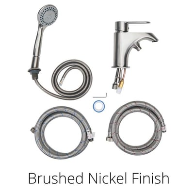Ella 2-piece brushed nickel fast fill faucet set with handheld showerhead, hose, and supply lines