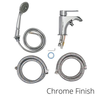 Chrome finish walk-in tub faucet kit with handheld showerhead, braided hoses, and single-lever filler faucet
