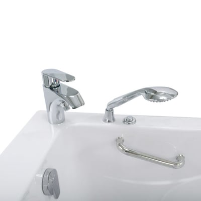 Close-up of Ella walk-in tub deck with chrome single-lever faucet, handheld shower wand, and stainless steel grab bar