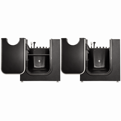 Front view of two Ella Microbubble Therapy Pet Spa walk-in tubs with open doors showing jets and drain on white background