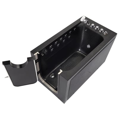 Black Ella walk-in pet spa tub with open door, anti-slip floor, hydro jets, and chrome control knobs for microbubble therapy grooming