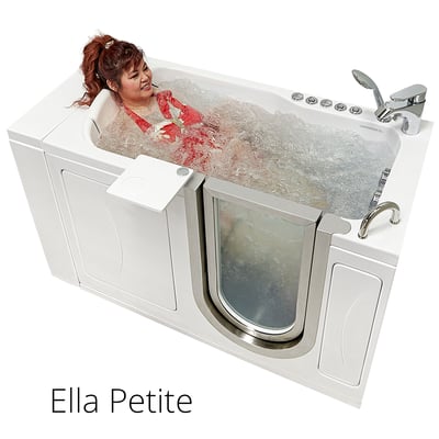 Leak Elimination Kit for Pull Out Hand Showers (5′ Hose with Barrel Connector) - Woman smiling while enjoying an air and hydro massage bath in the Ella Petite walk-in tub with open door view