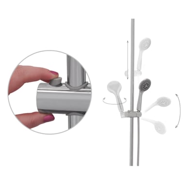 10″ Kit de tête de douche et colonne de douche pour robinets de baignoire encastrés dans le sol - Gros plan d’une main réglant le support coulissant sur un kit de colonne de douche chromée avec douchette montrant l’amplitude de mouvement multi-angle
