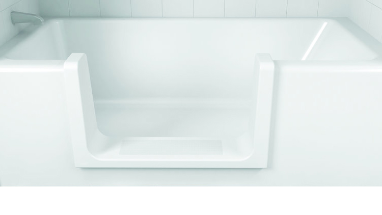 Close-up of a white bathtub cut-out conversion insert with low step-in opening for safe and accessible tub entry