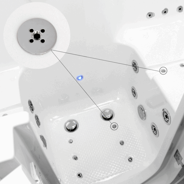 Thérapie de massage par jets d'air pour baignoires à porte Gros plan du système de thérapie par massage à jets d’air à l’intérieur d’une baignoire à porte Ella Lounger, avec voyant LED bleu