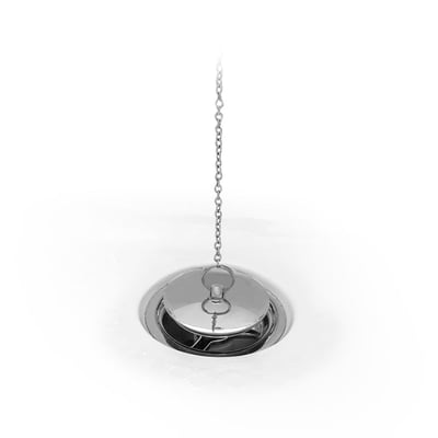 Close-up of a chrome walk-in tub drain stopper with attached pull chain on a white acrylic tub surface