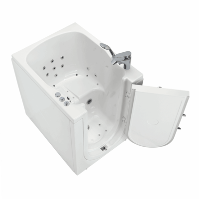 Baignoire à porte pivotante 32″ x 40″ (81 x 107cm) - Baignoire à porte Ella à entrée frontale avec porte battante vers l’extérieur ouverte, montrant les jets d’air et d’hydrothérapie, le sol antidérapant et le robinet chromé