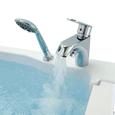 Close-up of Ella walk-in tub chrome single-lever fast-fill faucet and handheld showerhead spraying water into tub