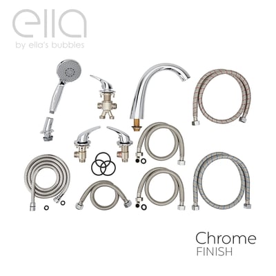 Ella's Bubbles 5-piece chrome finish mixer faucet combo with handheld showerhead, valves, spout, and hoses
